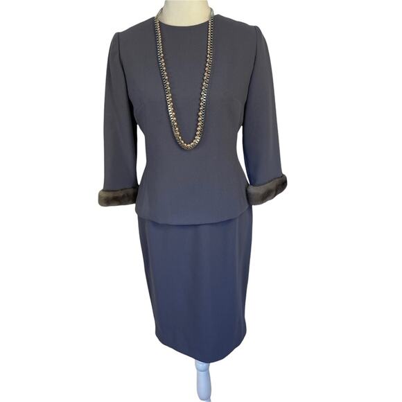 Chetta B Vintage 90's Genuine Mink Trimmed Two Piece Blue Gray Skirt Suit Size 4 - Picture 2 of 9